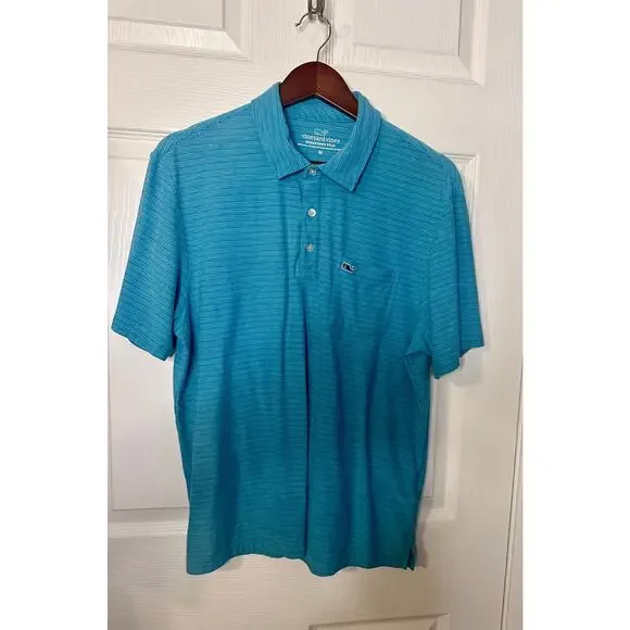 Vineyard Vines Edgartown Polo Shirt Mens Size Medium Blue Stripe SS Pima Cotton - Picture 2 of 5